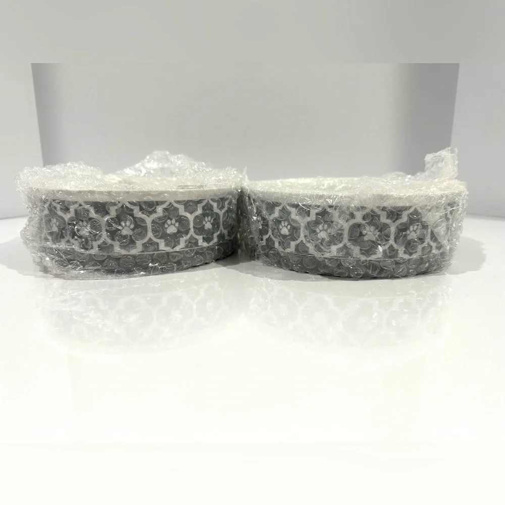 Pet Food Dish Bowls Set of 2 Water Grey Gray Ceramic Cats Dogs Paw Prints Medium
